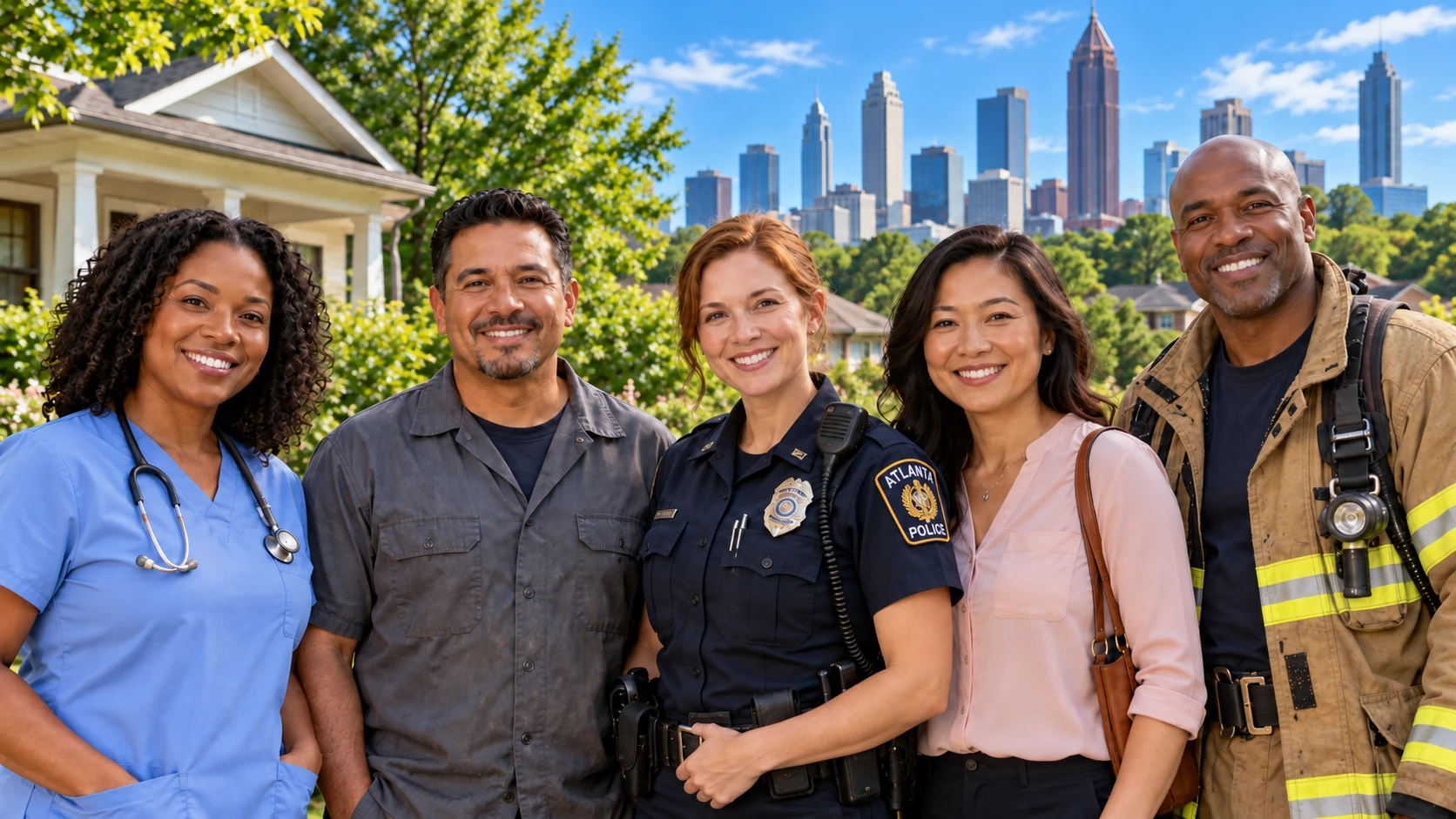 Everyday Atlanta workers with the city skyline behind them